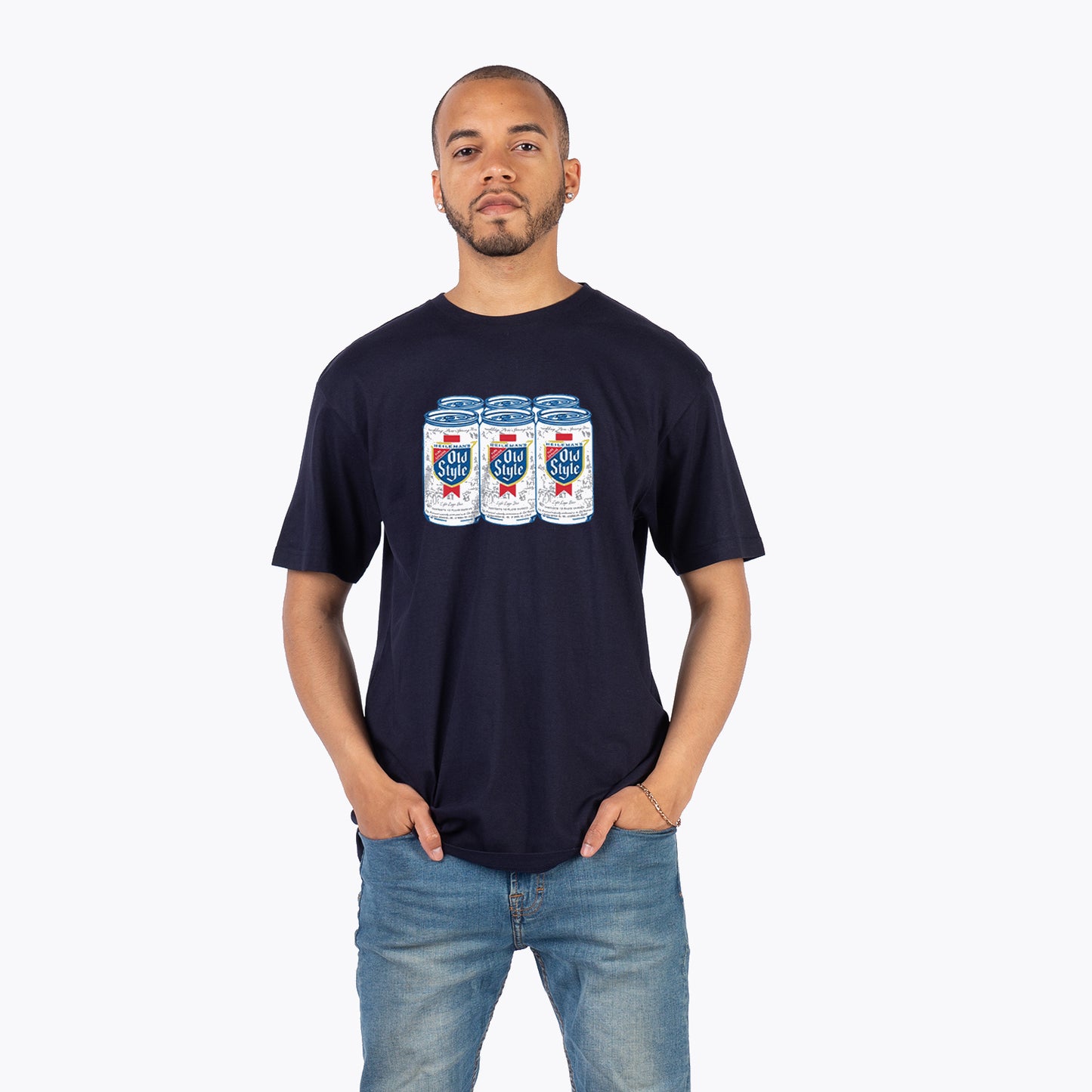 man wearing t-shirt with 6 pack of old style beer on it 