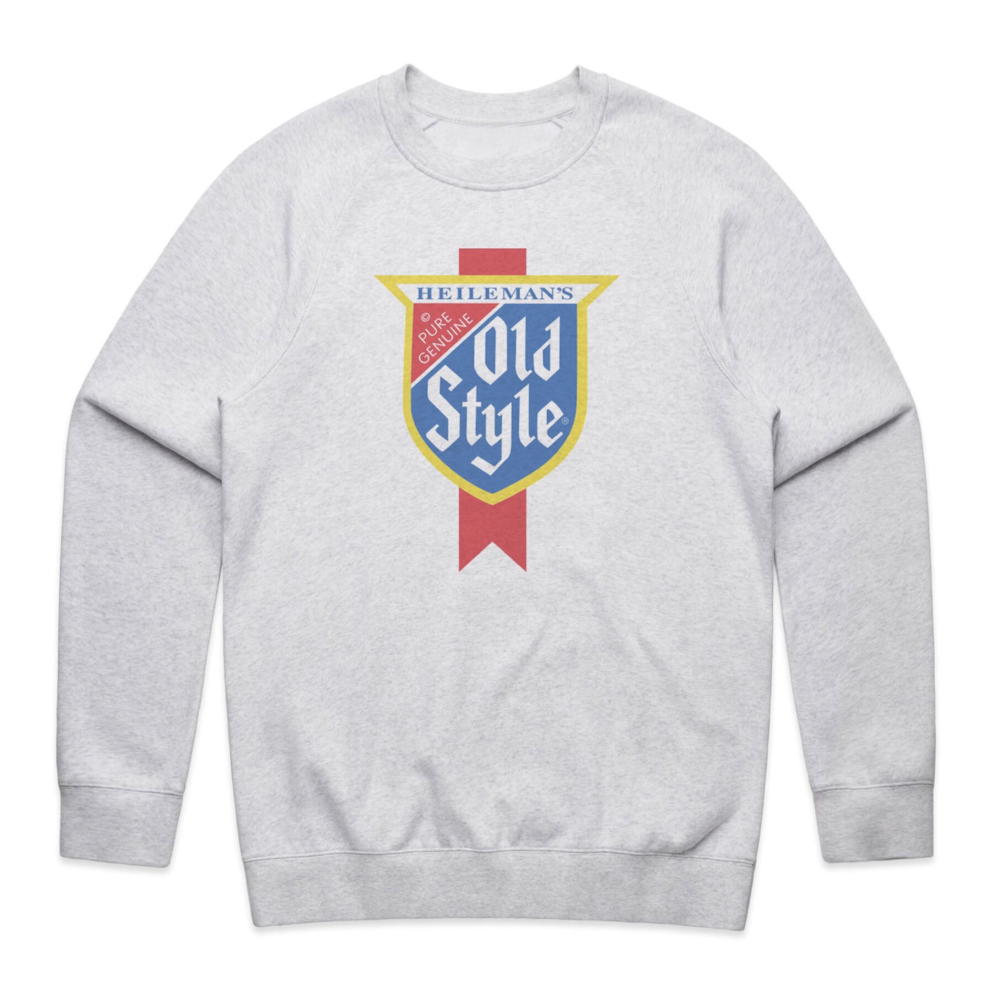 front of crewneck with vintage old style logo